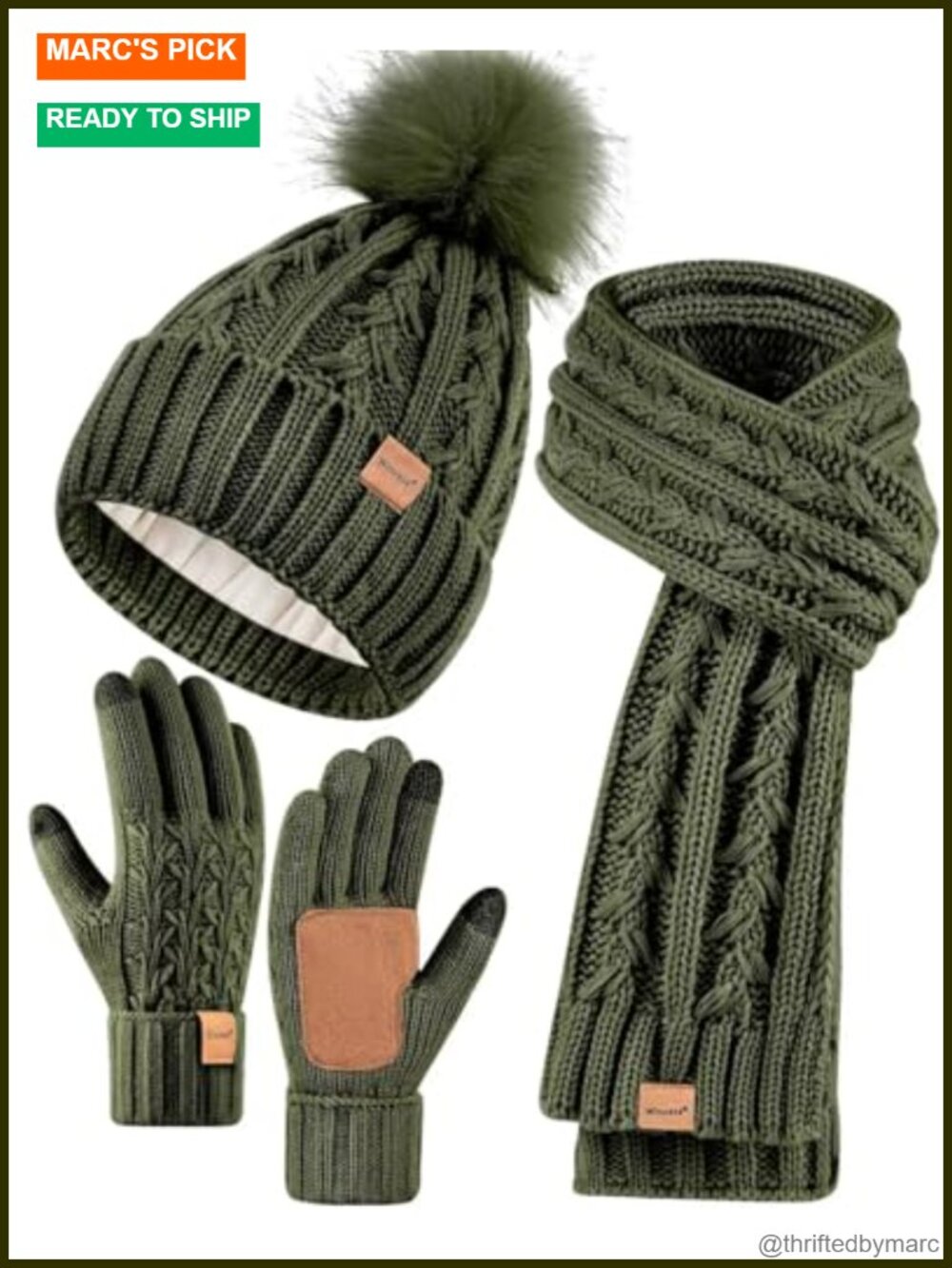 Fleece Lined Beanie Scarf Gloves Set Acrylic Knit Pom Pom Touchscreen Winter